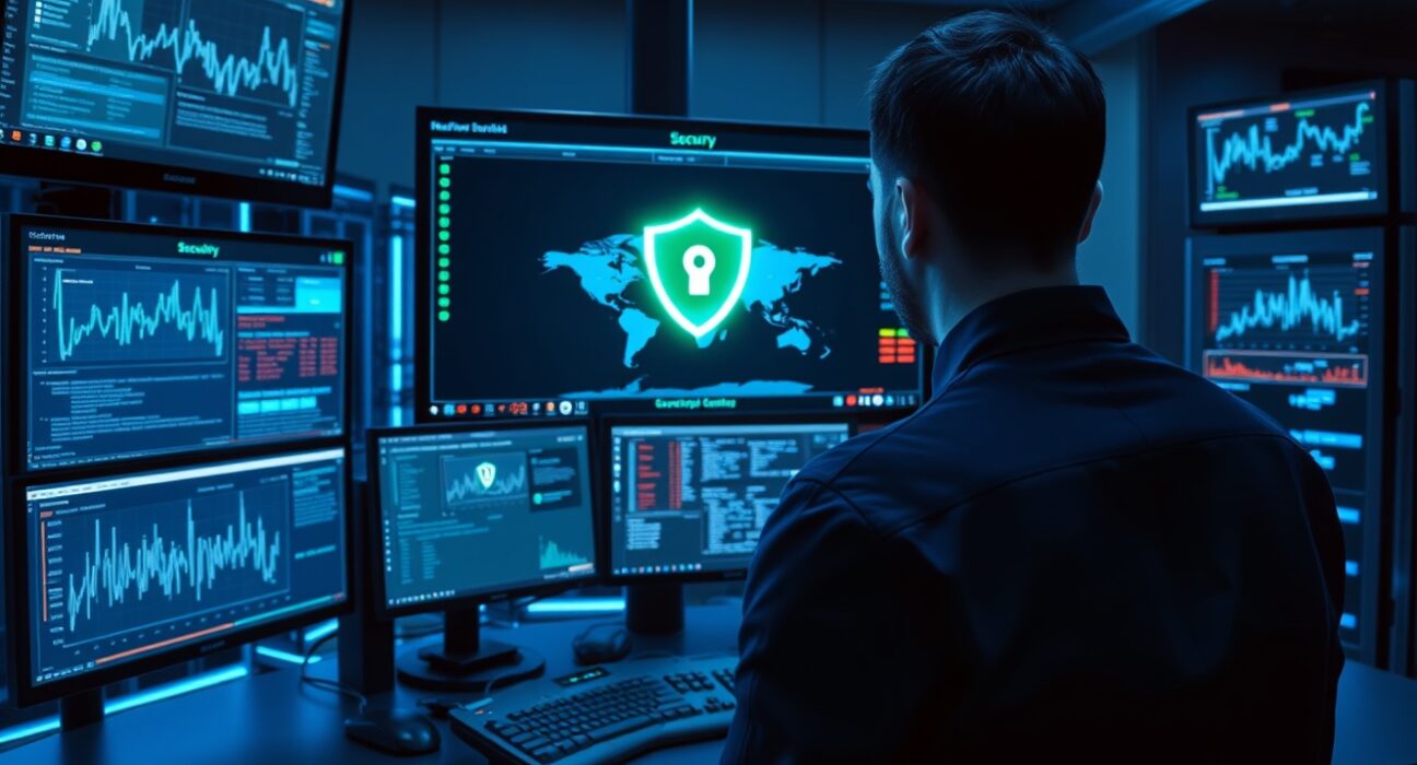 Cybersecurity analyst monitoring AI threat detection screens in a modern security operations center