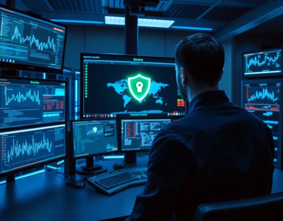 Cybersecurity analyst monitoring AI threat detection screens in a modern security operations center
