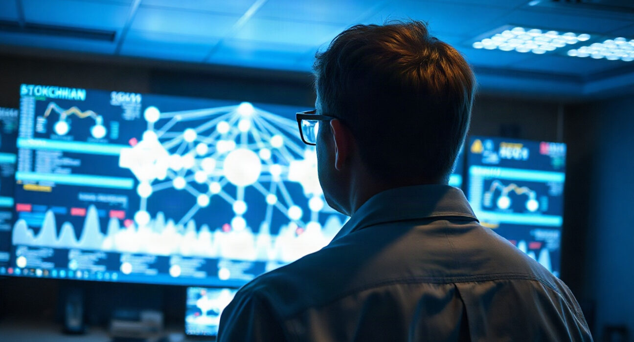 Security analyst monitoring blockchain network in a SOC, representing Binance's threat detection