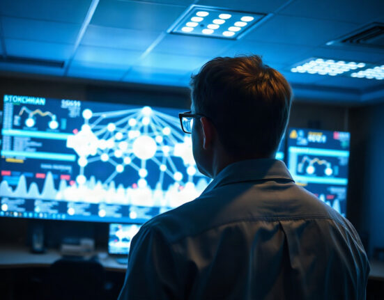Security analyst monitoring blockchain network in a SOC, representing Binance's threat detection