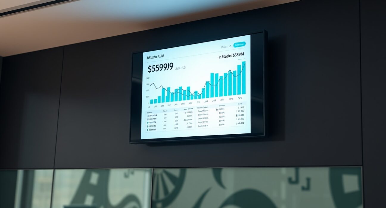 Digital display showing bStocks AUM reaching $599 million, surpassing xStocks in tokenized stock assets.