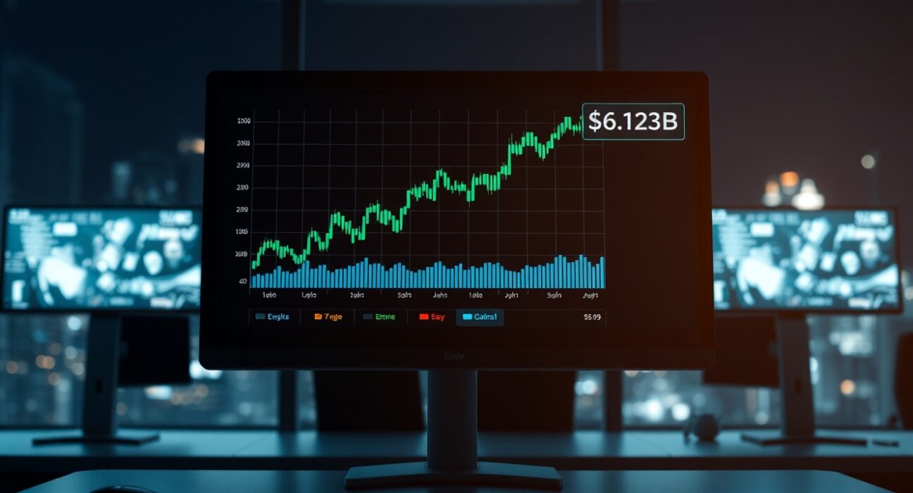 Digital trading dashboard showing Binance bStocks record volume of $6.123 billion with an upward trend chart.