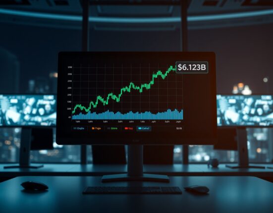 Digital trading dashboard showing Binance bStocks record volume of $6.123 billion with an upward trend chart.