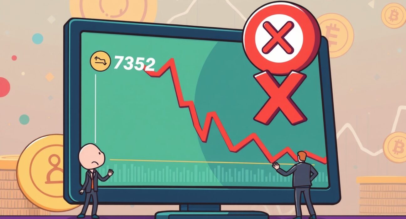 Cartoon showing a trader reacting to the Binance BSW perpetual futures delisting announcement, emphasizing market changes.