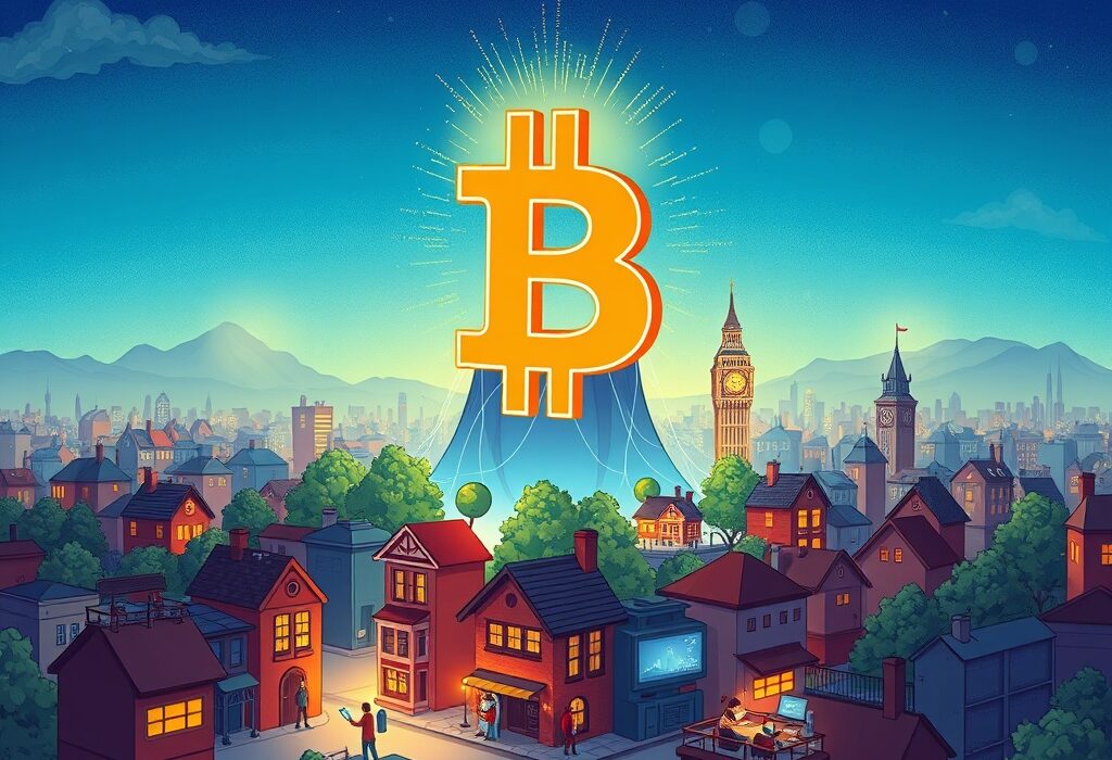 A cartoon illustration showing the immense scale of Binance BTC futures volume compared to the global real estate market, symbolizing crypto's growing financial power.