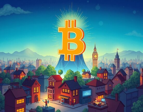 A cartoon illustration showing the immense scale of Binance BTC futures volume compared to the global real estate market, symbolizing crypto's growing financial power.