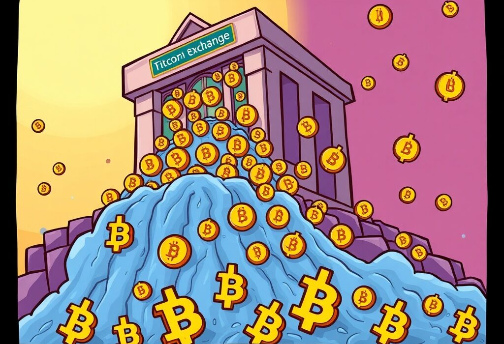 A cartoon illustration showing a surge of Binance BTC inflows potentially leading to Bitcoin selling pressure.