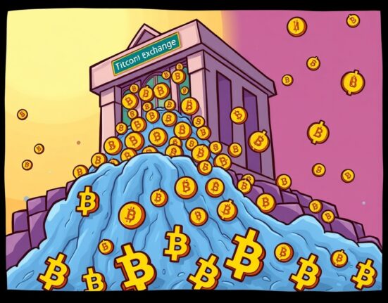 A cartoon illustration showing a surge of Binance BTC inflows potentially leading to Bitcoin selling pressure.