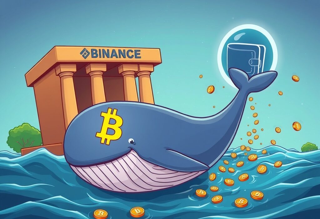 Cartoon whale moving Binance BTC transfer to a mysterious wallet, symbolizing significant cryptocurrency market activity.
