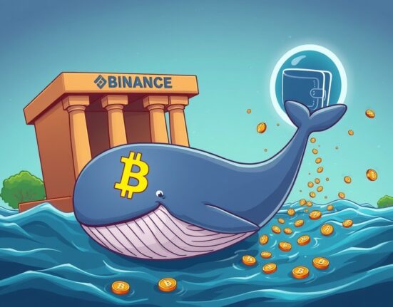 Cartoon whale moving Binance BTC transfer to a mysterious wallet, symbolizing significant cryptocurrency market activity.