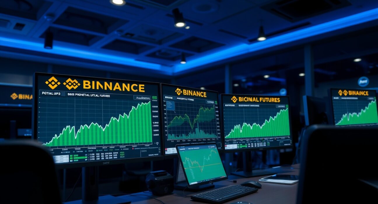 Professional trading setup with Binance Bitcoin perpetual futures interface on monitor