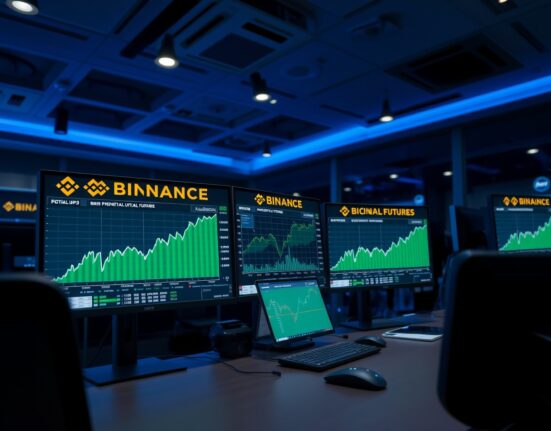 Professional trading setup with Binance Bitcoin perpetual futures interface on monitor