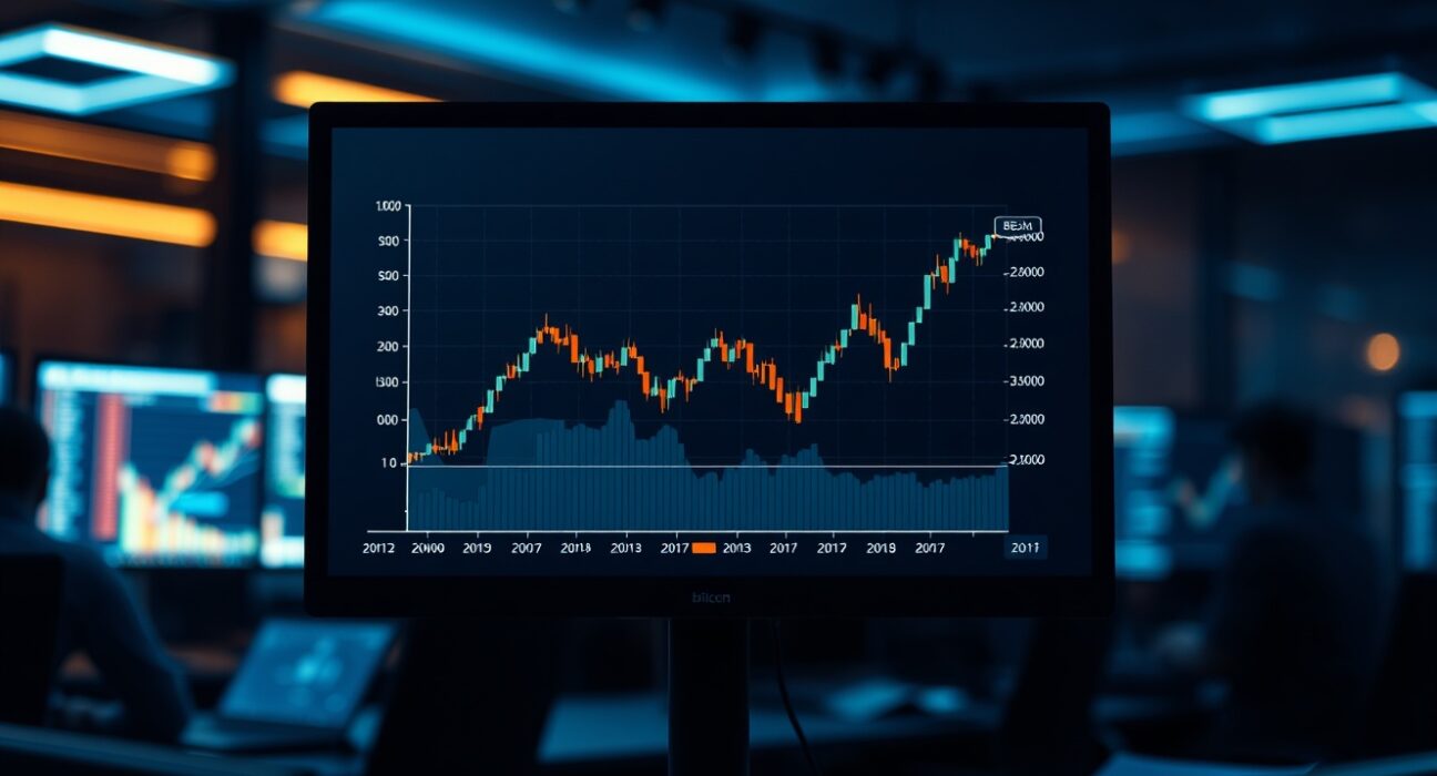 Digital trading screen displaying Bitcoin chart with covered call options strategy overlay in a professional trading office.