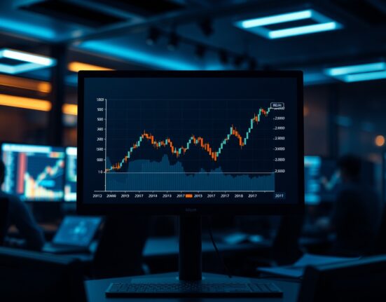 Digital trading screen displaying Bitcoin chart with covered call options strategy overlay in a professional trading office.