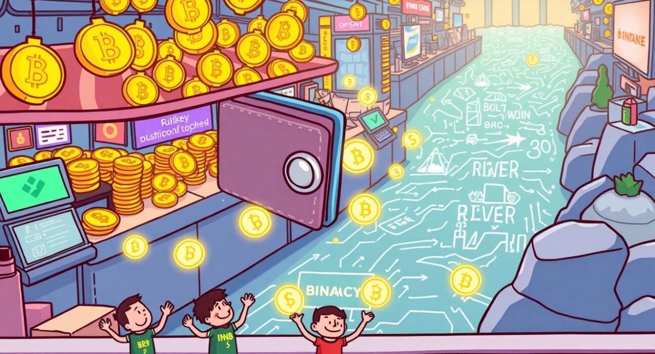A cartoon illustration showing the overwhelming success of the Binance BuildKey TGE, with users depositing BNB into a digital wallet.