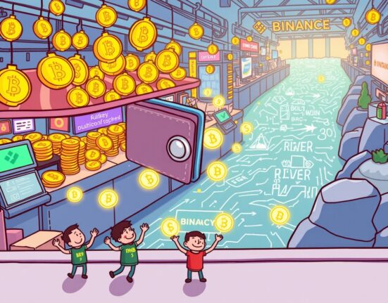 A cartoon illustration showing the overwhelming success of the Binance BuildKey TGE, with users depositing BNB into a digital wallet.