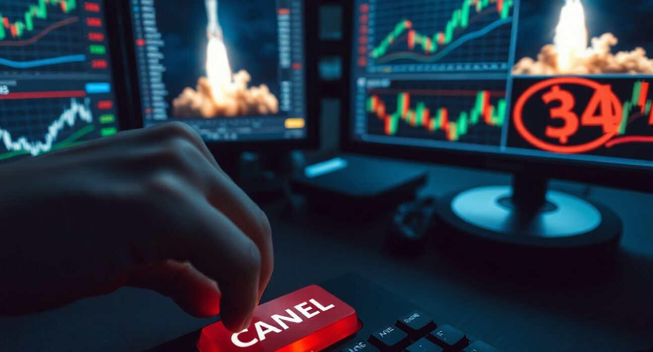 Hand pressing cancel button on keyboard with SpaceX rocket on monitor at trading desk