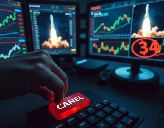 Hand pressing cancel button on keyboard with SpaceX rocket on monitor at trading desk