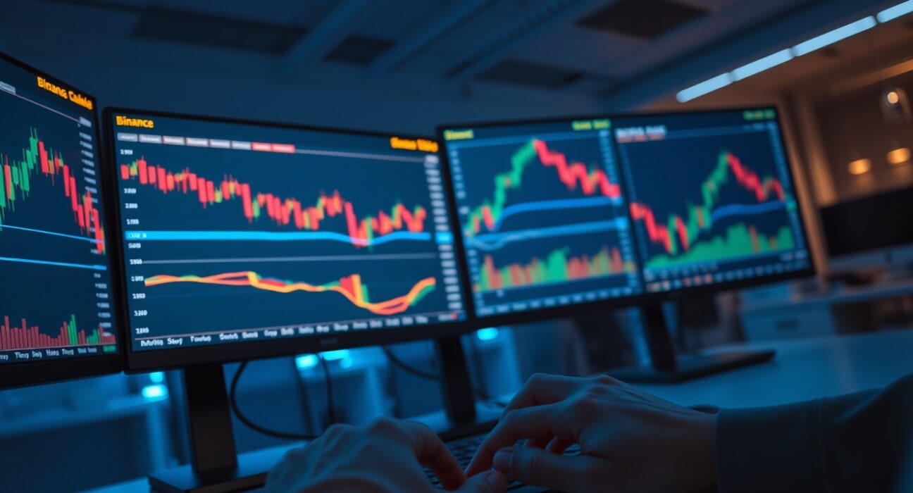 Binance trading interface with charts and order book on multiple monitors in a dark office setting