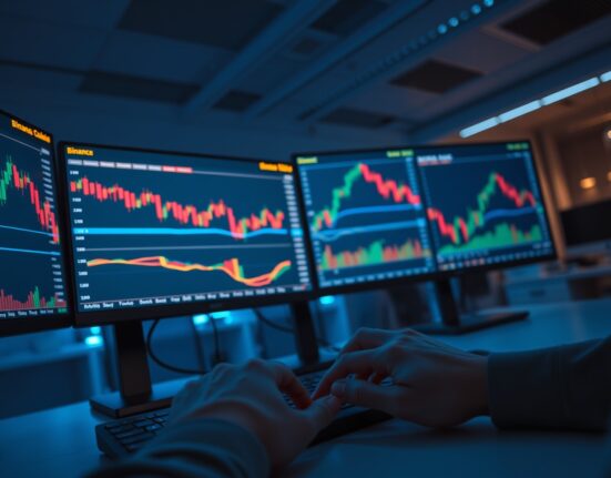 Binance trading interface with charts and order book on multiple monitors in a dark office setting