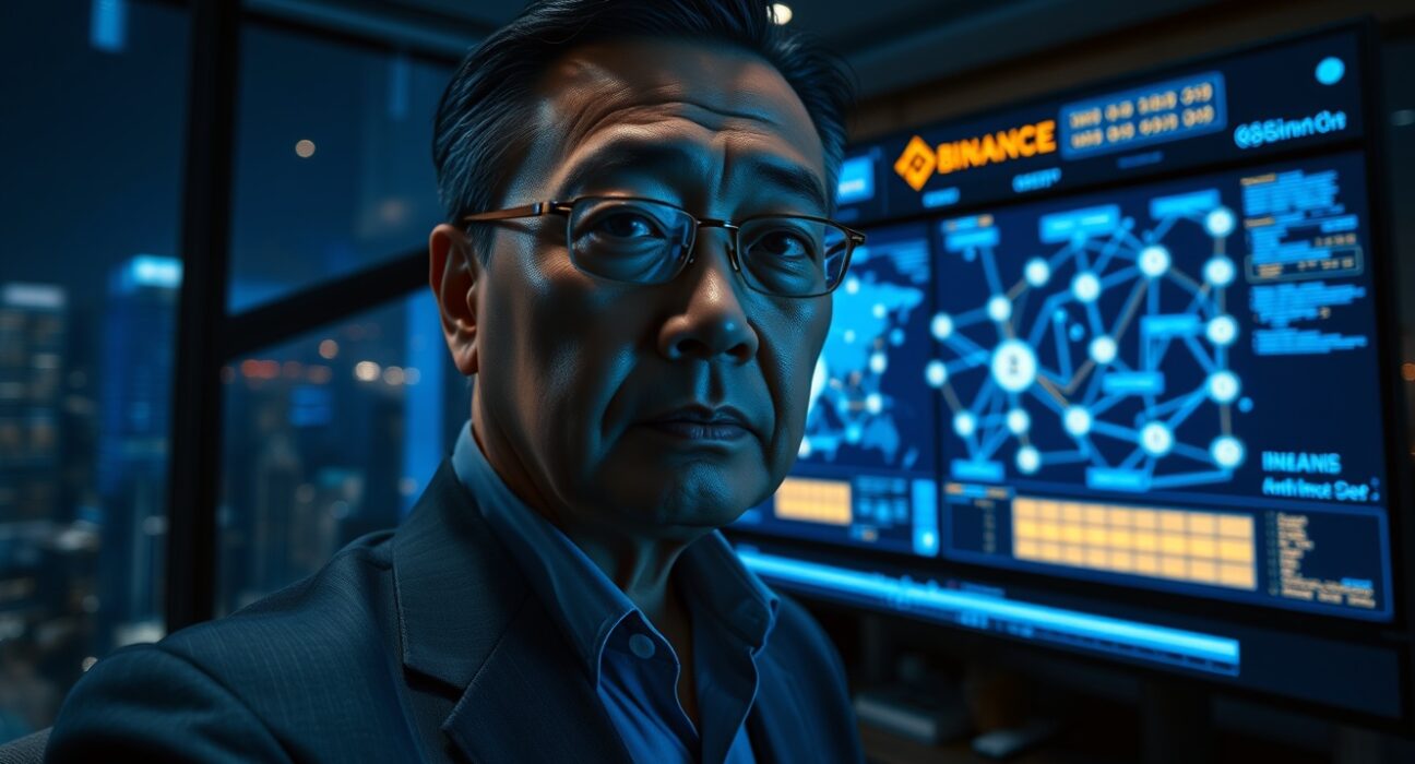 Binance CEO Richard Teng in a dimly lit office with blockchain data on screens, representing the exchange's cooperation with Indian law enforcement on a darknet drug probe.