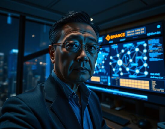 Binance CEO Richard Teng in a dimly lit office with blockchain data on screens, representing the exchange's cooperation with Indian law enforcement on a darknet drug probe.