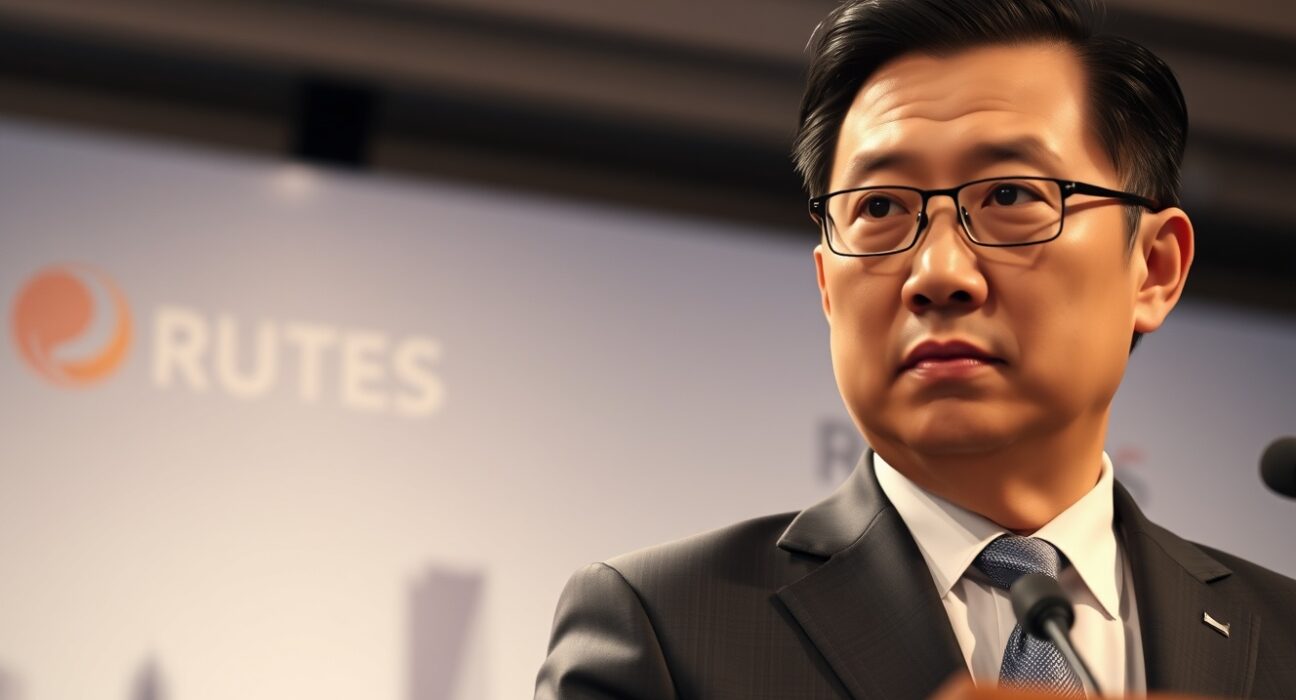 Binance CEO Richard Teng speaking at a podium during the Reuters Next Asia Summit in Singapore