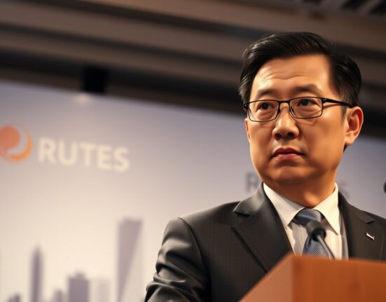 Binance CEO Richard Teng speaking at a podium during the Reuters Next Asia Summit in Singapore