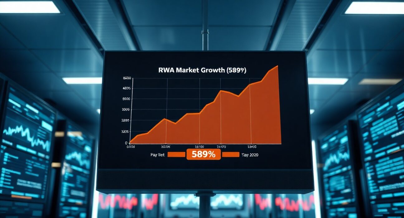 Digital screens showing RWA market growth charts in a modern trading floor environment