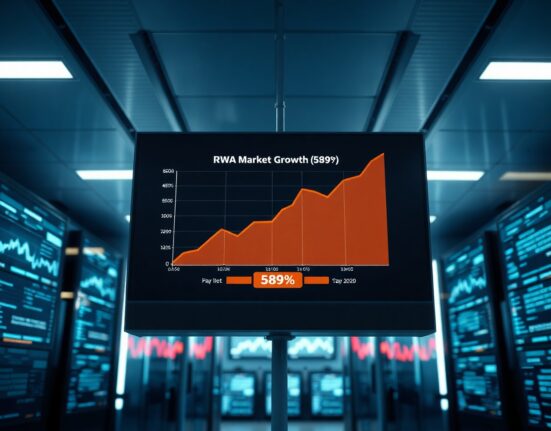 Digital screens showing RWA market growth charts in a modern trading floor environment