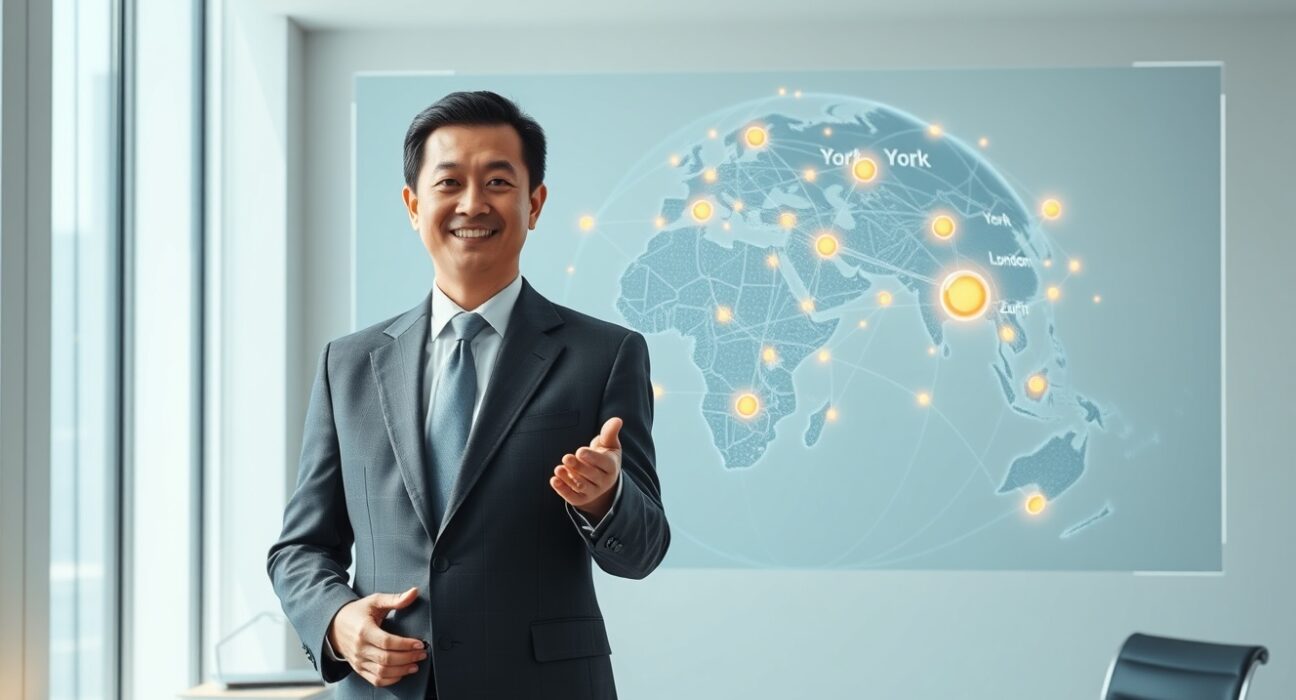 Binance CEO Richard Teng analyzing global stablecoin adoption and financial network growth visualization