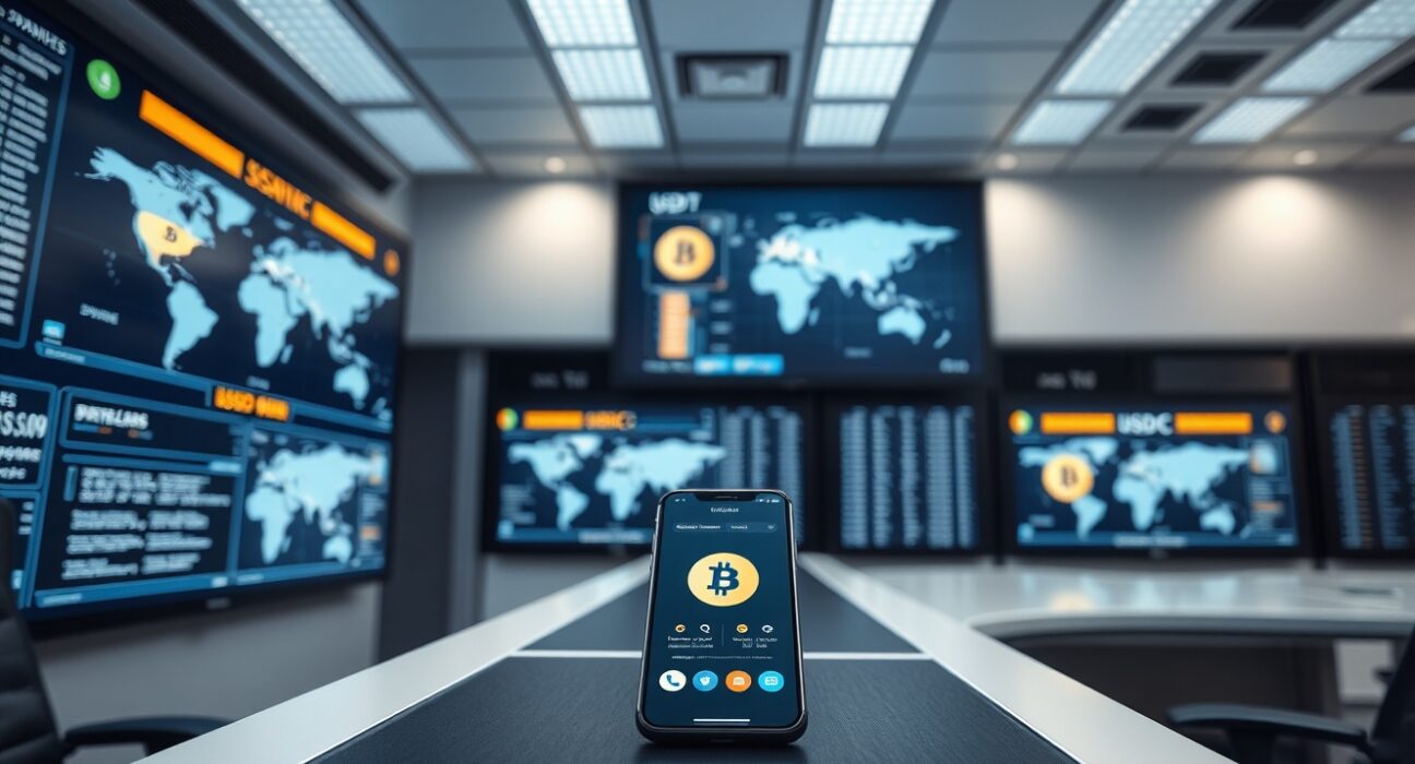 Digital control room with global transaction maps and stablecoin symbols on screens