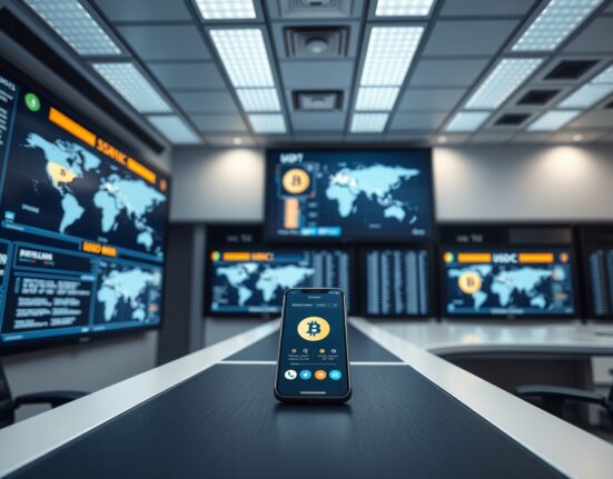 Digital control room with global transaction maps and stablecoin symbols on screens