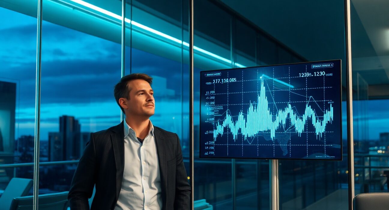Binance CEO Richard Teng standing in a modern office looking at a digital screen with blockchain data and financial graphs.