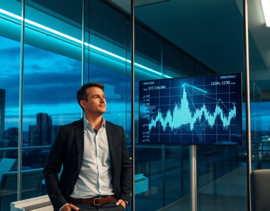 Binance CEO Richard Teng standing in a modern office looking at a digital screen with blockchain data and financial graphs.