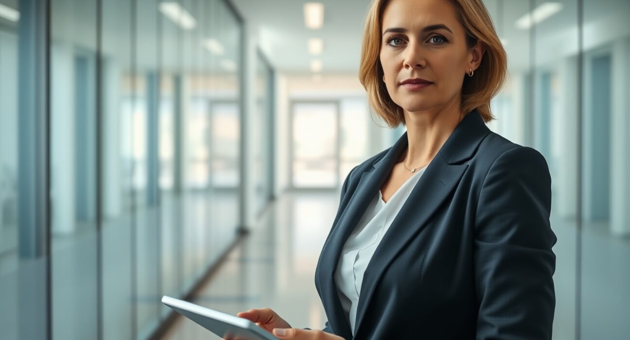 Professional woman in business suit standing in a modern office hallway, representing a corporate executive.