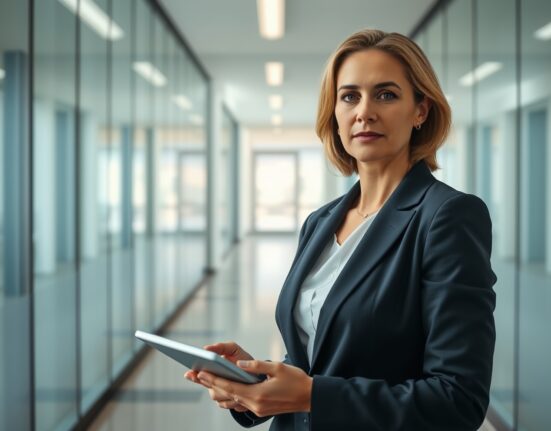 Professional woman in business suit standing in a modern office hallway, representing a corporate executive.
