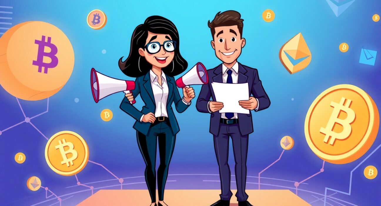Cartoon illustration of Binance co-CEOs leading the crypto exchange with confidence and strategy.