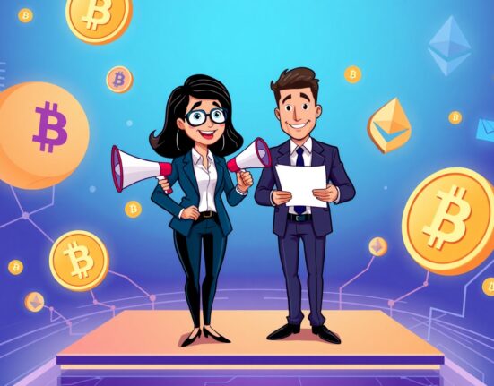 Cartoon illustration of Binance co-CEOs leading the crypto exchange with confidence and strategy.