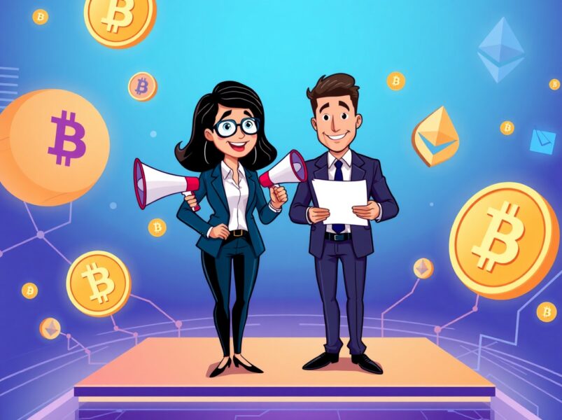 Cartoon illustration of Binance co-CEOs leading the crypto exchange with confidence and strategy.