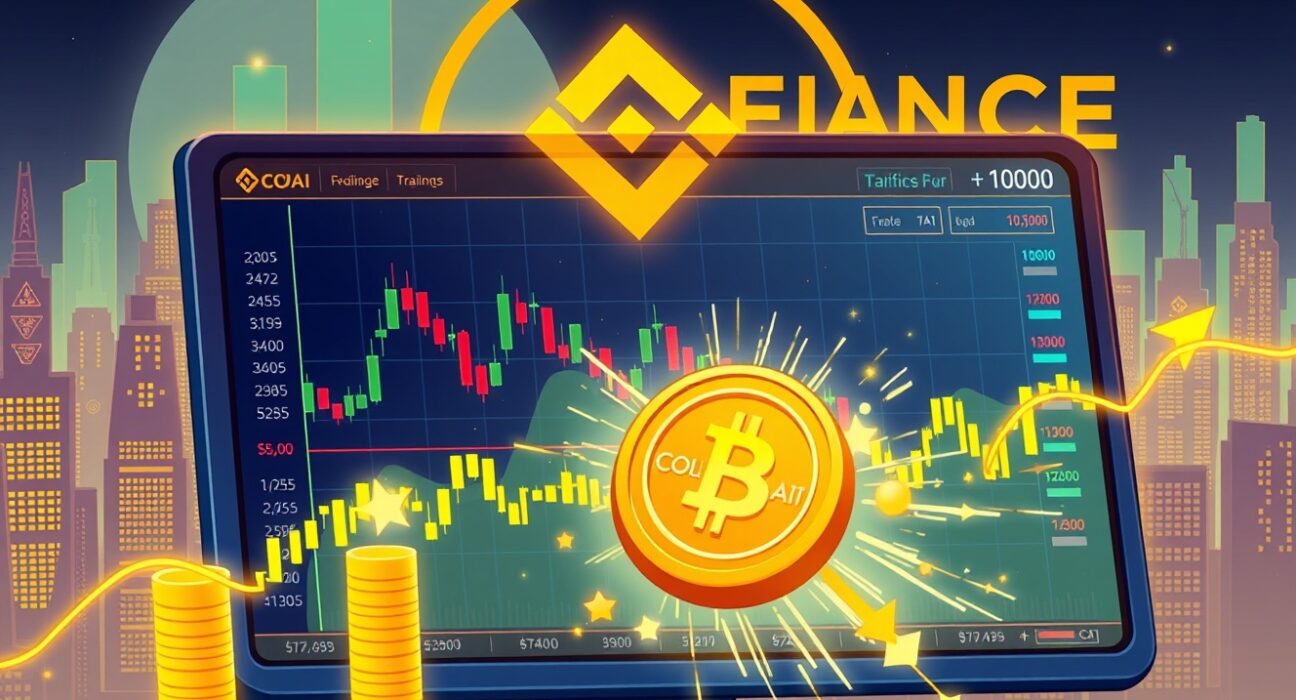 A vibrant cartoon illustration showing a COAI perpetual futures trading screen, symbolizing high leverage opportunities on Binance.