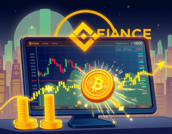 A vibrant cartoon illustration showing a COAI perpetual futures trading screen, symbolizing high leverage opportunities on Binance.