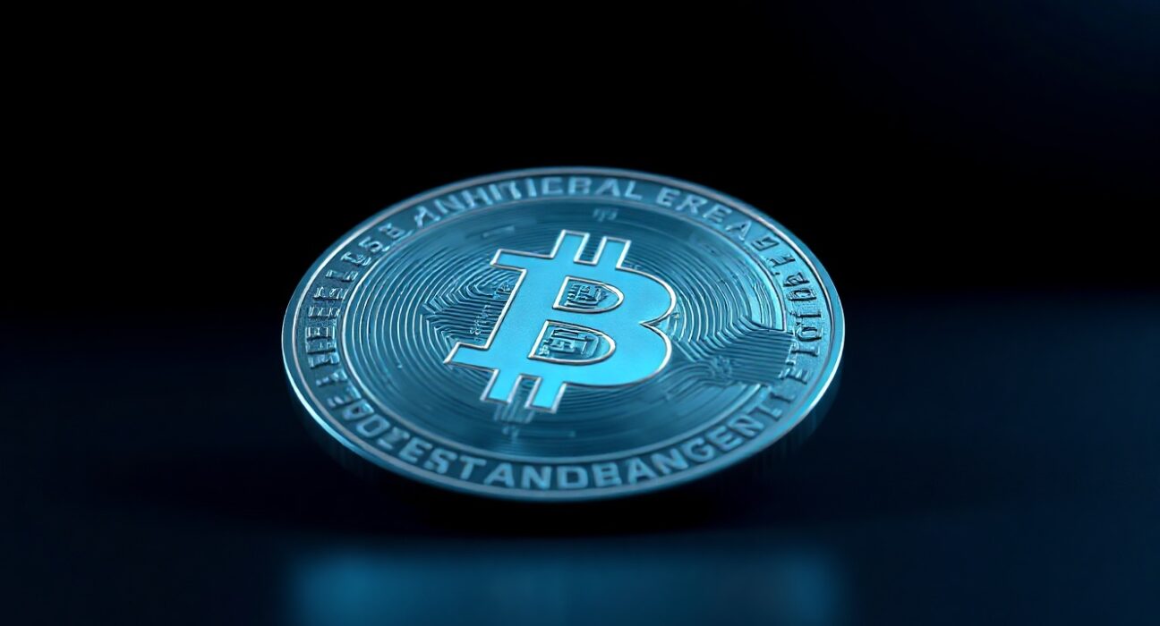 Close-up of a BNB coin with blue lighting on a reflective surface