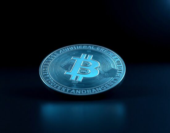 Close-up of a BNB coin with blue lighting on a reflective surface