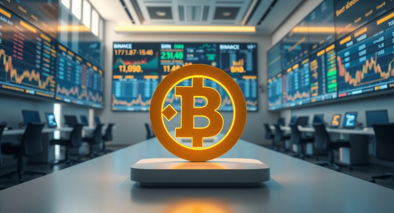 Binance Coin (BNB) price chart and logo on a trading desk in a modern financial setting