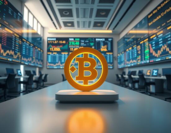 Binance Coin (BNB) price chart and logo on a trading desk in a modern financial setting