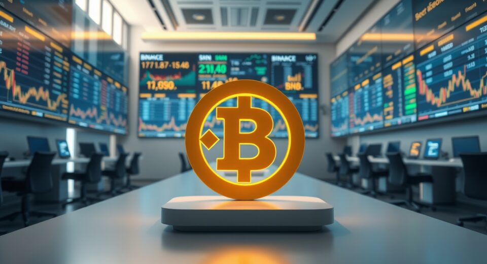 Binance Coin (BNB) price chart and logo on a trading desk in a modern financial setting