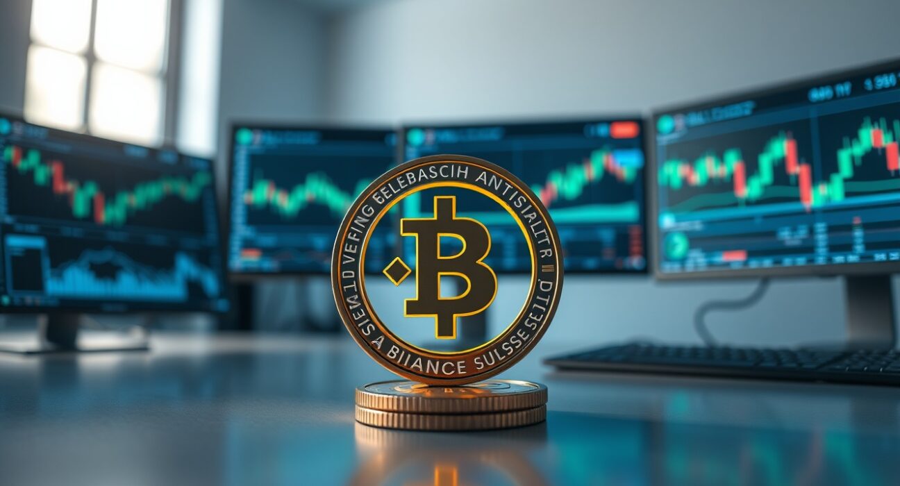 Binance Coin (BNB) token on a modern trading desk with cryptocurrency charts on monitors