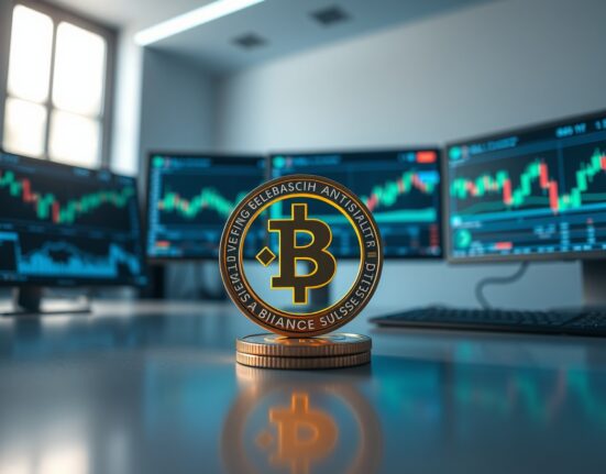 Binance Coin (BNB) token on a modern trading desk with cryptocurrency charts on monitors
