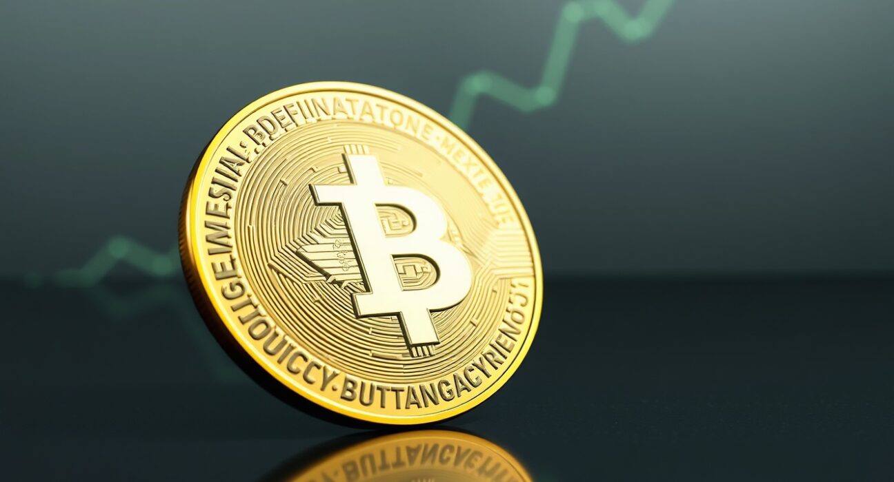 Binance Coin (BNB) token on reflective surface with upward market trend in background, representing price prediction analysis.